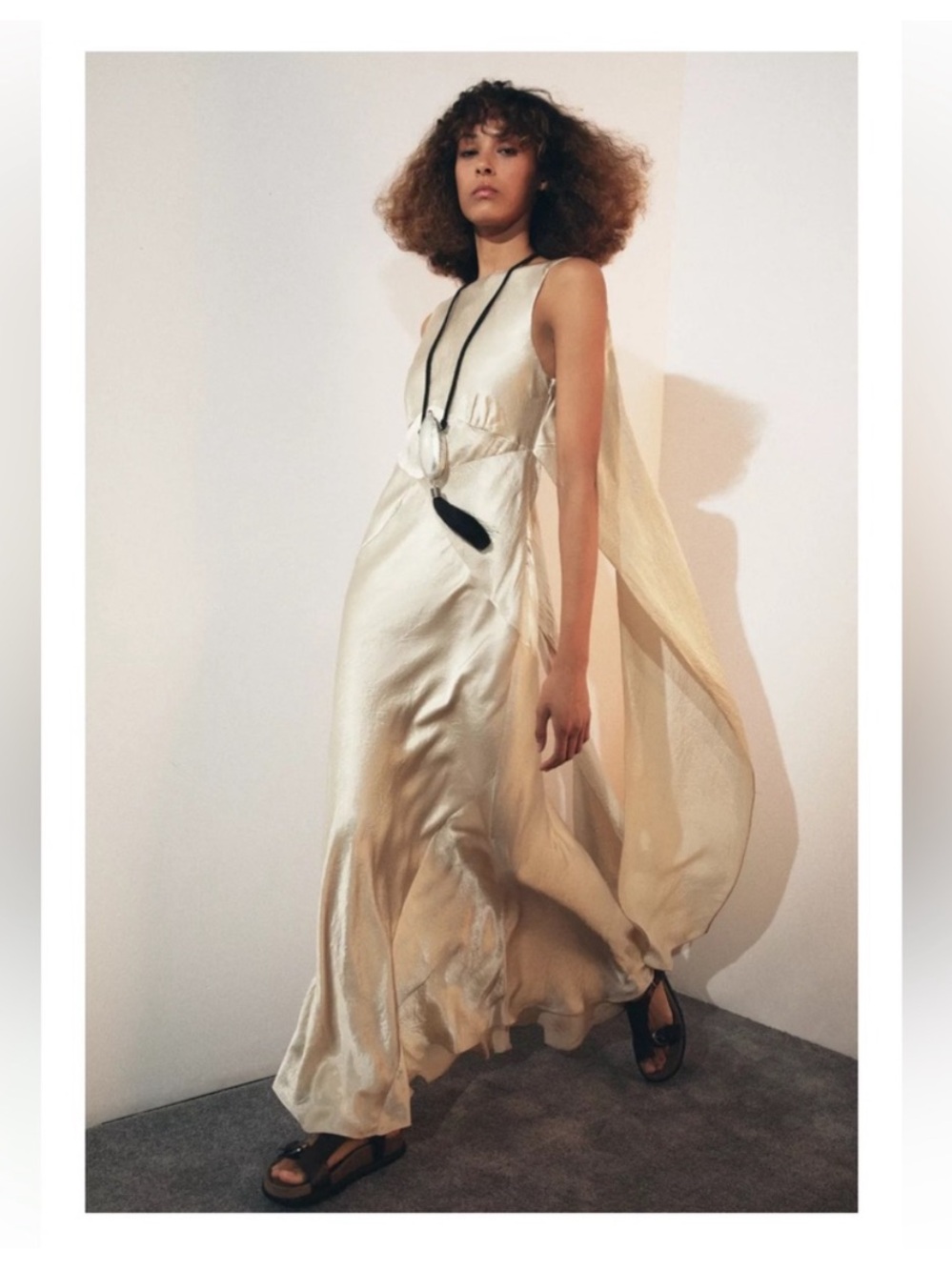 Zara Elegant Cream Satin Maxi Dress with Cape Detail